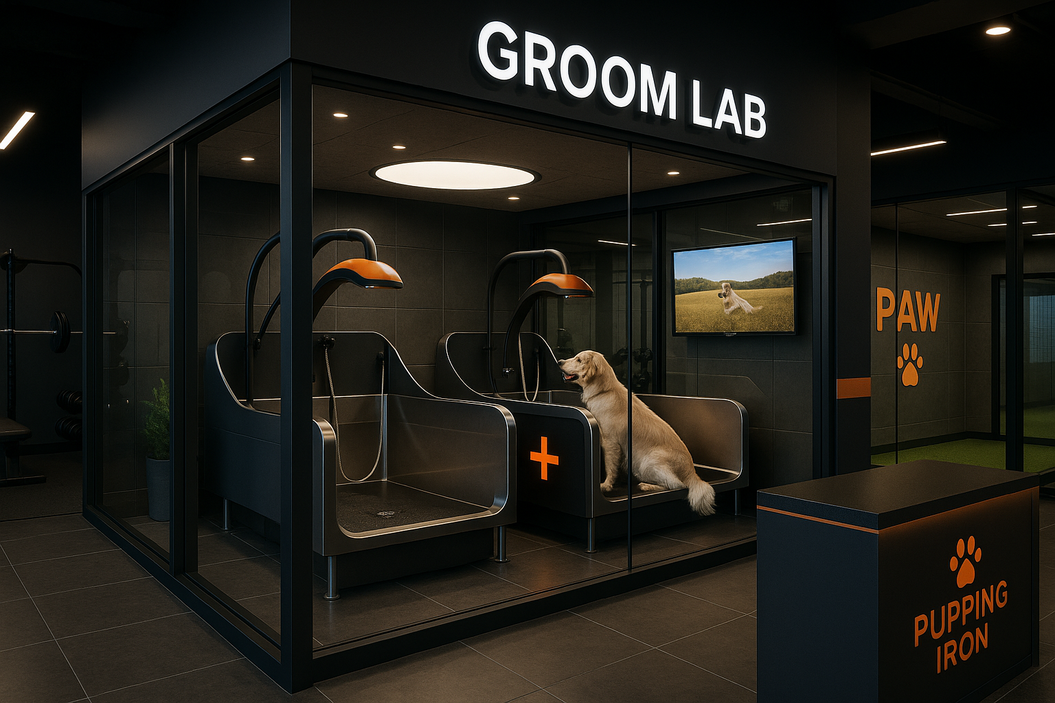 Groom Lab with modern tubs and signage
