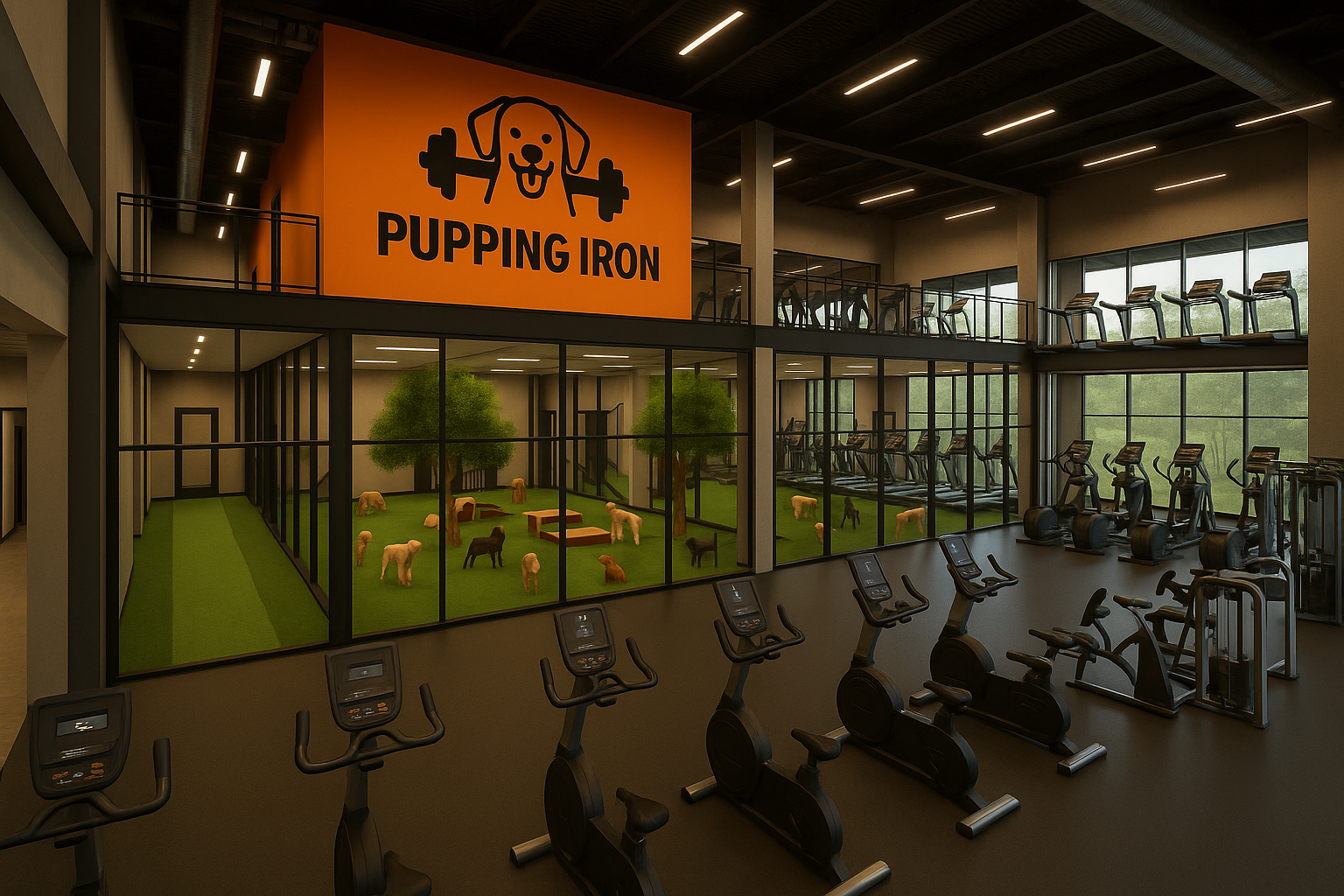 Interior view with treadmills and glass Pup Zone
